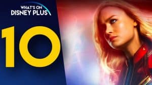 Captain Marvel looks towards the number 10, the logo What's on Disney Plus